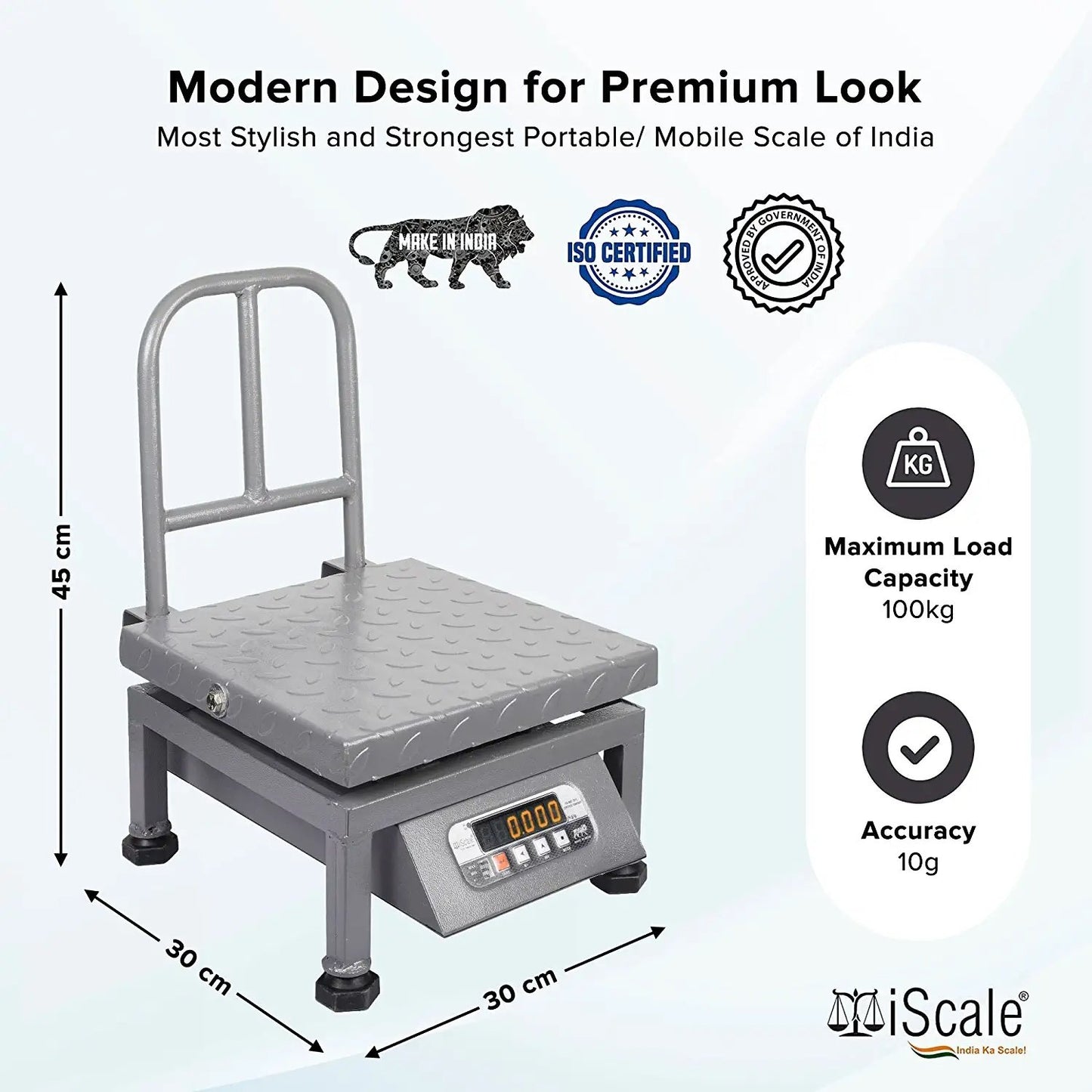 iScale i-21 Bluetooth Platform Scale | 100kg× 10g | MS Pan size 300x300mm | Front & Back Red Display | Free Android/Pc App Billing | For Commercial & Industrial Use