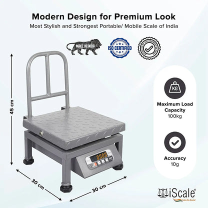 iScale i-21, 100kg x 10g commercial portable scale with stamp & certificate, 300x300mm MS Pan, Front & Back Red Display, Chargeable