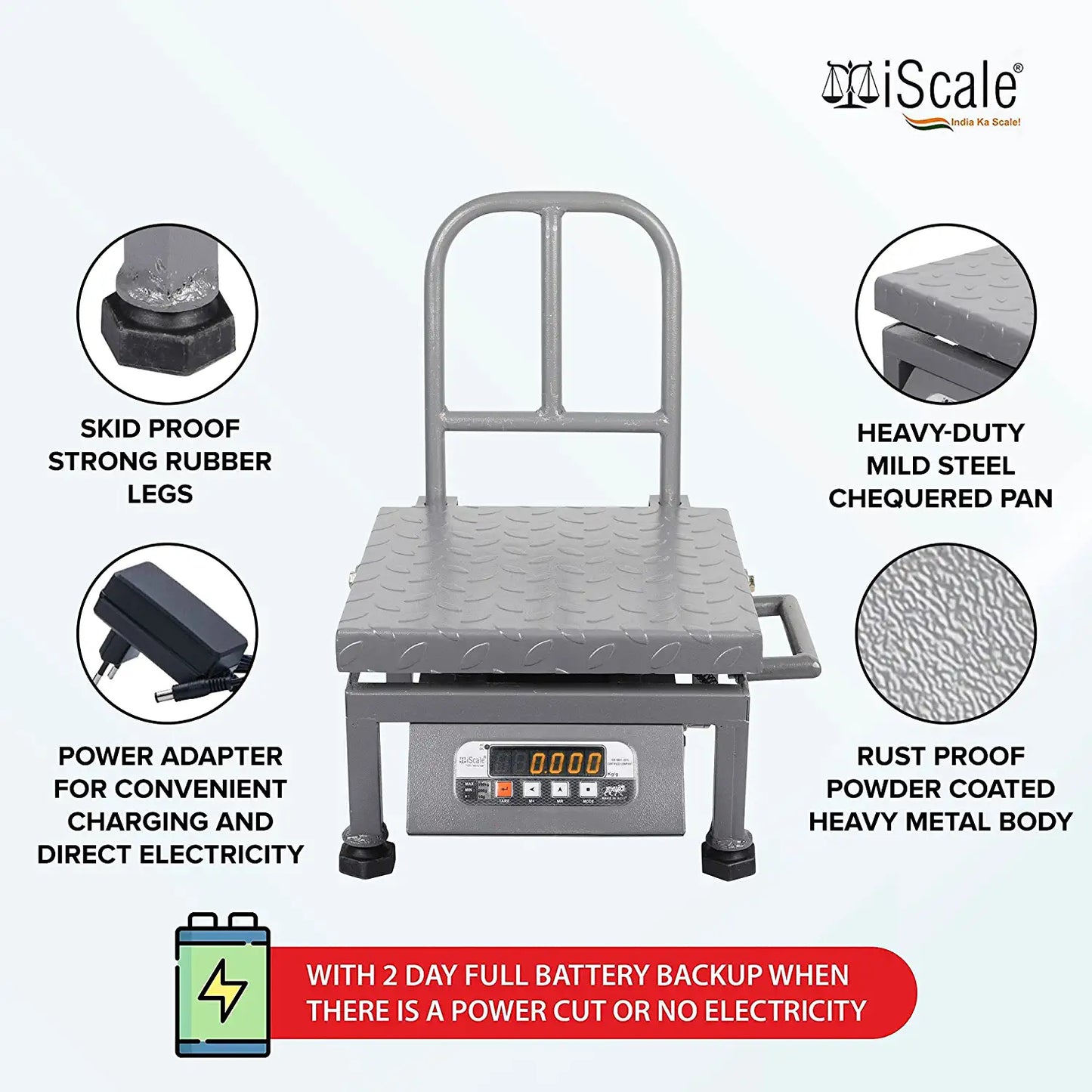 iScale i-21, 100kg x 10g commercial portable scale with stamp & certificate, 300x300mm MS Pan, Front & Back Red Display, Chargeable