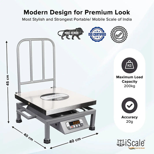 iScale i-22, 200kg x 20g commercial portable scale with stamp & certificate, 400x400mm SS Pan, Front & Back Red Display, Chargeable