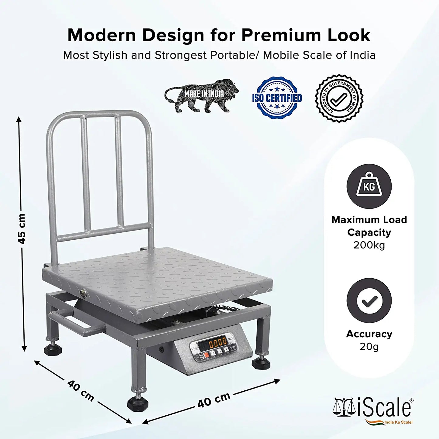 iScale i-23, 200kg x 20g commercial portable scale with stamp & certificate, 400x400mm MS Pan, Front & Back Red Display, Chargeable