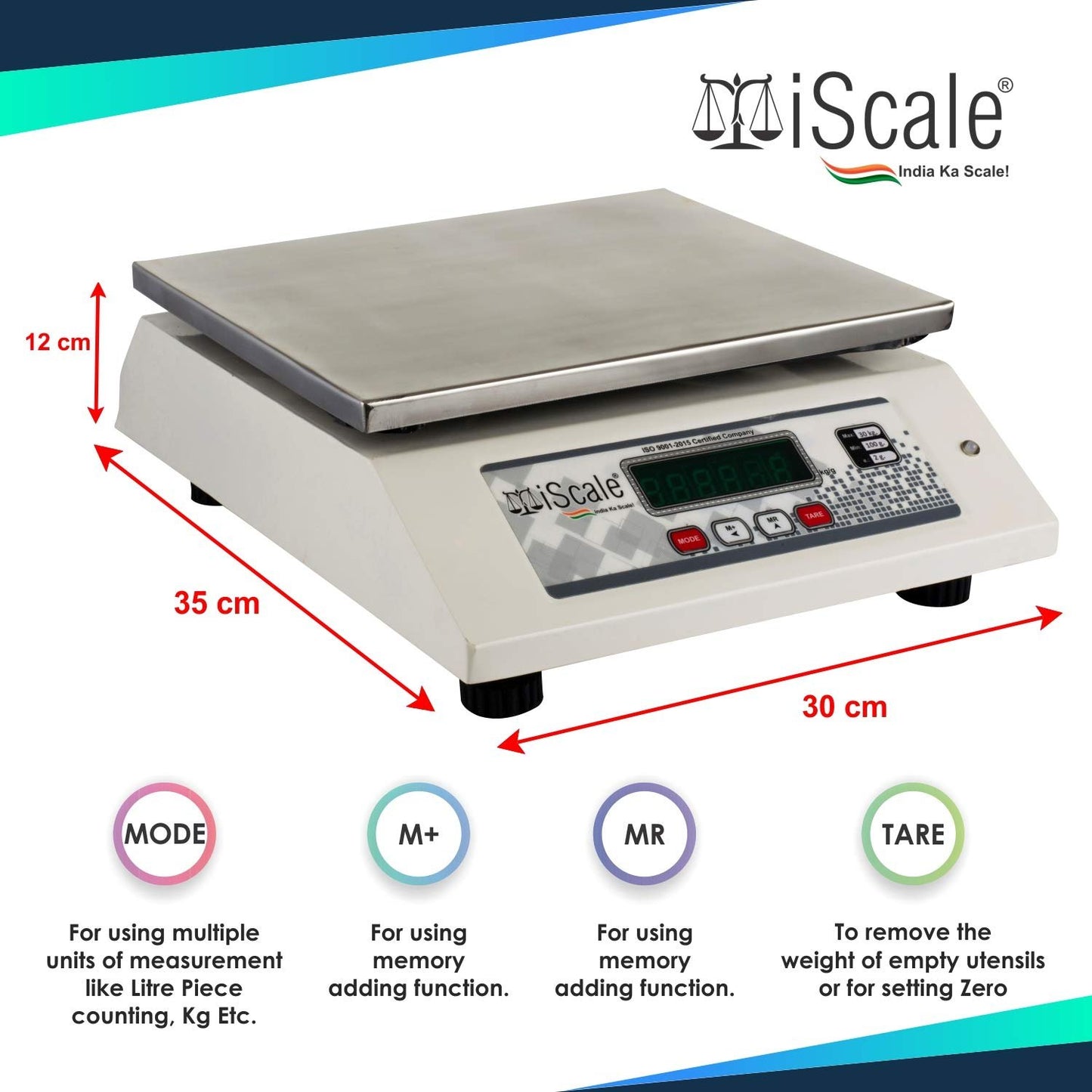 iScale IST-30F 30kg x 1g, Premium Digital Scale with Front & back Display, SS Pan, 10x12" for Shop, Factory and Commercial Purposes with RS232 Serial port for computer connectivity & data transfer