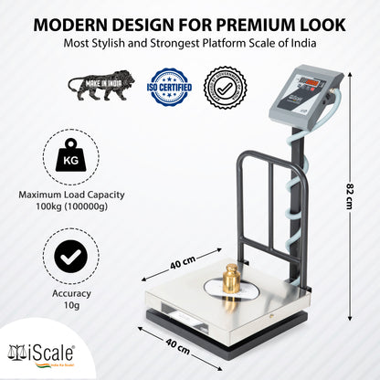 iScale i-12-RS232, 100kg x 10g platform scale, 400x400mm SS Pan, Front & Back Red Display With RS232 Serial Port, Chargeable
