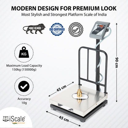 iScale i-14-RS232, 150kg x 20g platform scale, 450x450mm SS Pan, Front & Back Red Display with RS232 Serial Port, Chargeable
