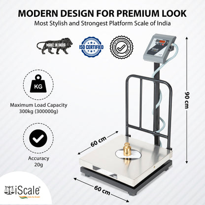 iScale i-18-RS232, 300kg x 50g platform scale, 600x600mm SS Pan, Front & Back Red Display With RS232 Serial Port, Chargeable