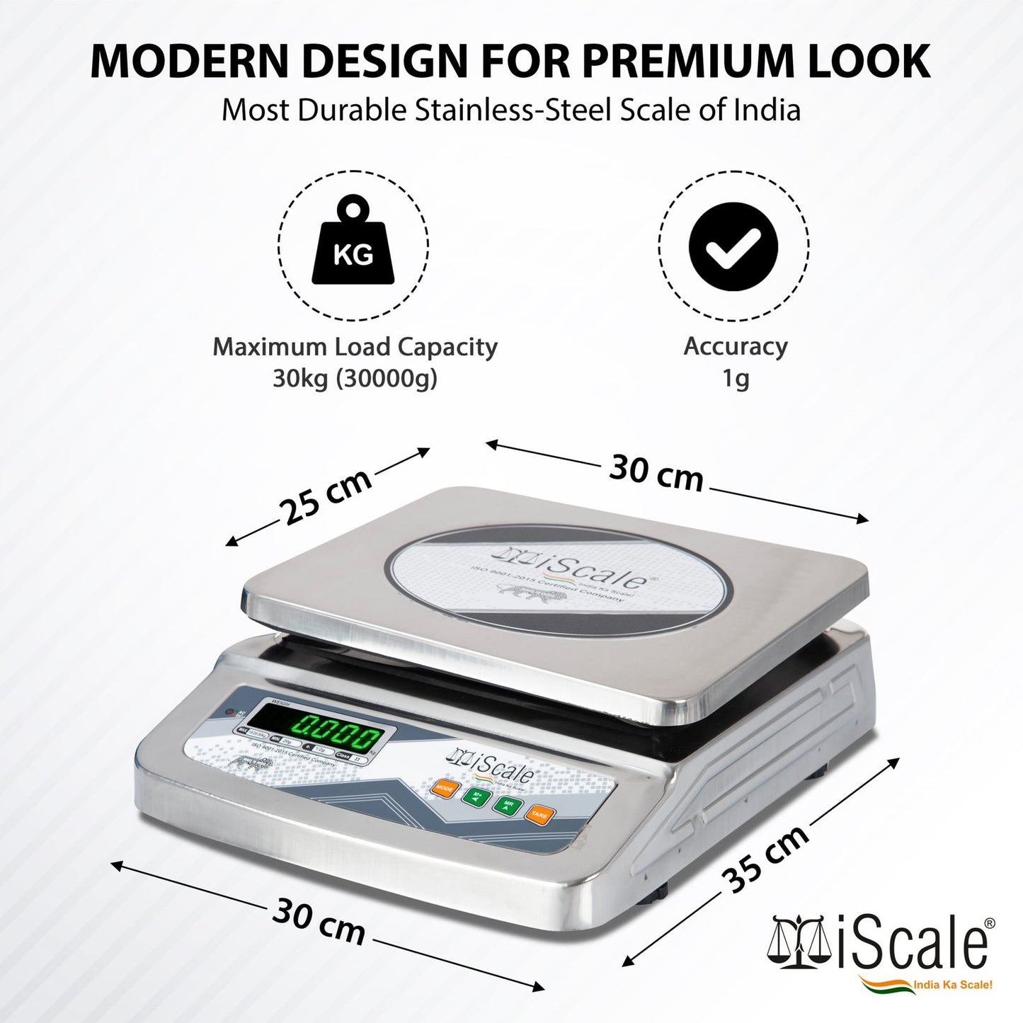 iScale i-07, 30kg x 1g commercial scale with stamp & certificate, 250x300mm SS Body, Front & Back Green Display, Chargeable