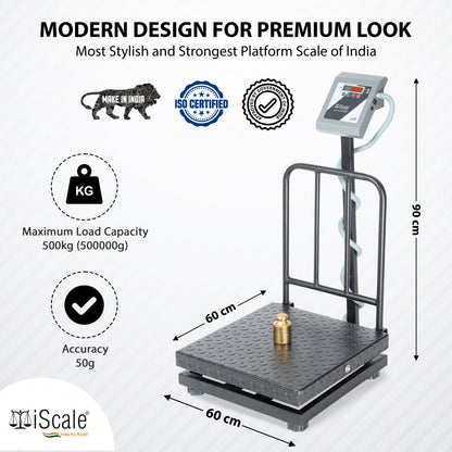iScale i-19-RS232, 500kg x 50g platform scale, 600x600mm MS Pan, Front & Back Red Display With RS232 Serial Port, Chargeable