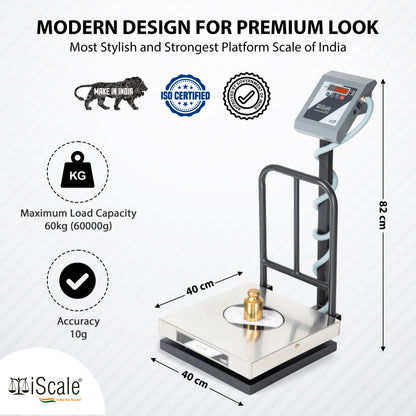 iScale i-12-RS232, 100kg x 10g platform scale, 400x400mm SS Pan, Front & Back Red Display With RS232 Serial Port, Chargeable