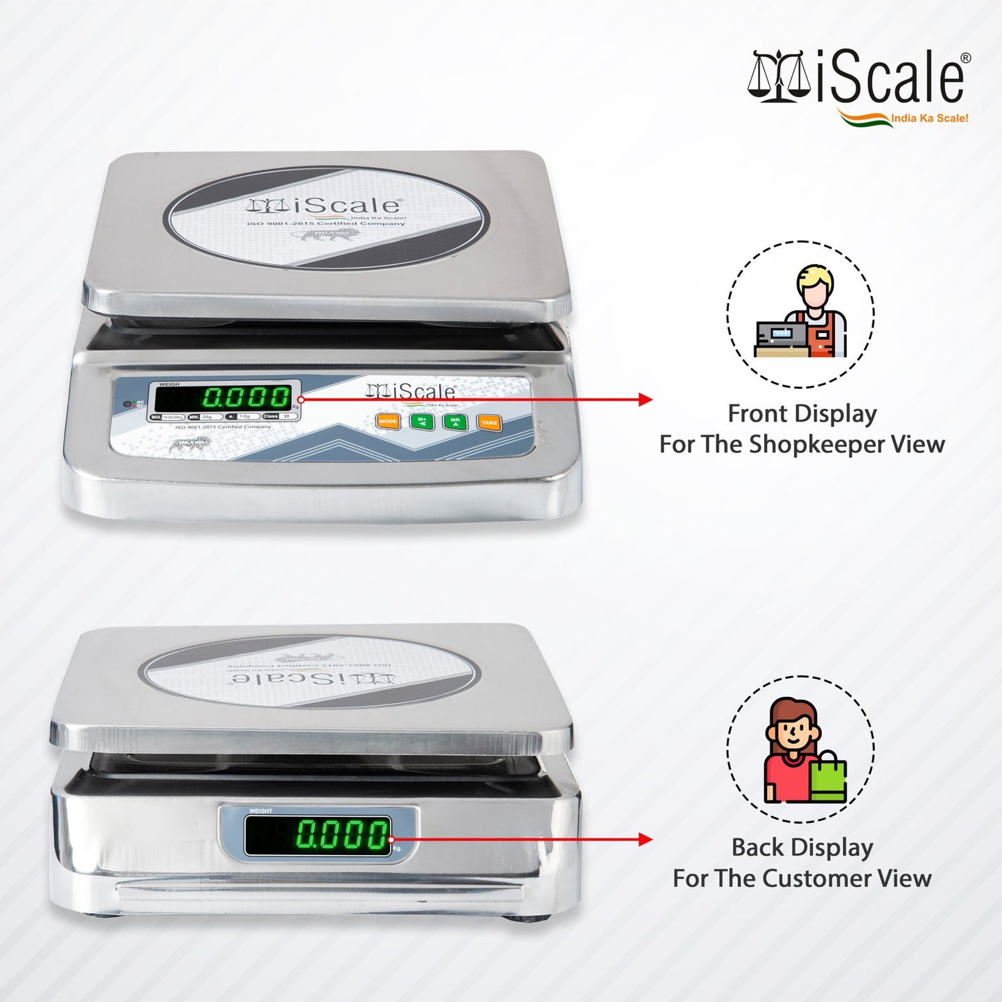 iScale i-07, 30kg x 1g commercial scale with stamp & certificate, 250x300mm SS Body, Front & Back Green Display, Chargeable