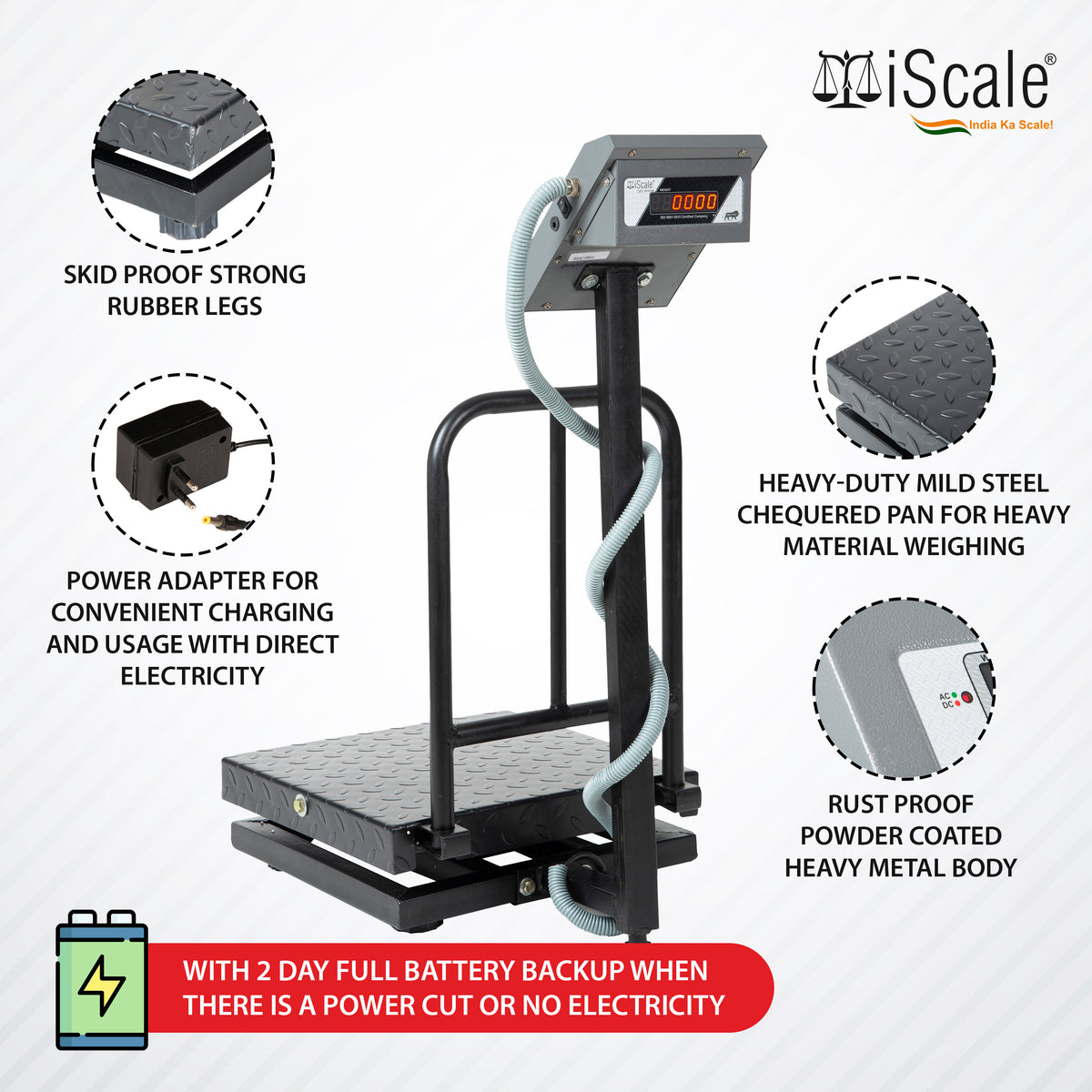iScale i-13-RS232, 100kg x 10g platform scale, 400x400mm MS Pan, Front & Back Red Display with RS232 Serial Port, Chargeable