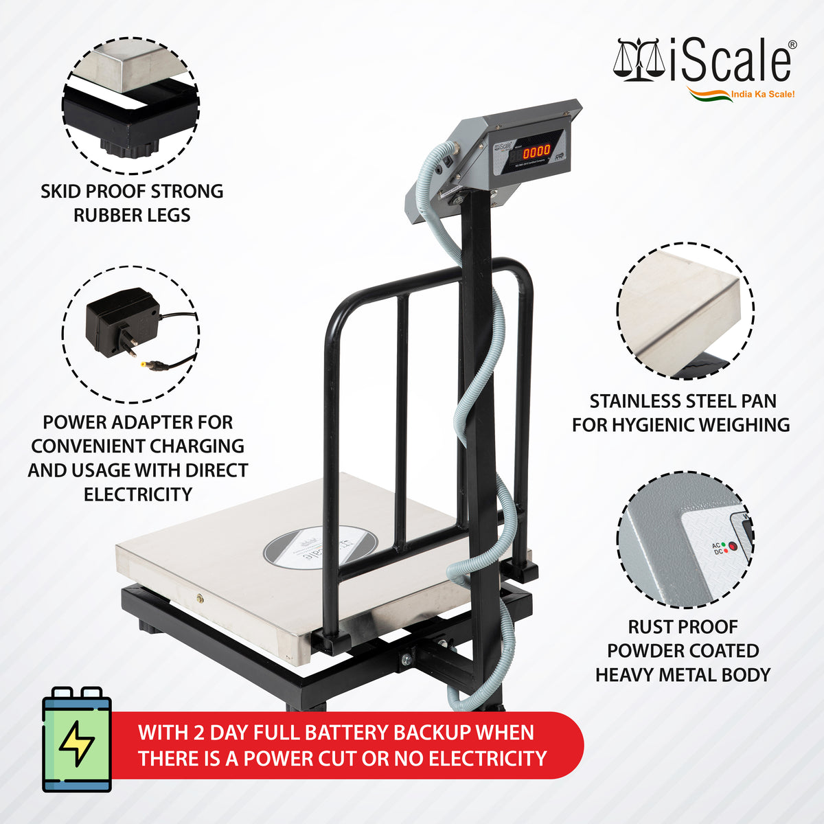 iScale i-16-RS232, 200kg x 20g platform scale, 500x500mm SS Pan, Front & Back Red Display with RS232 Serial Port, Chargeable