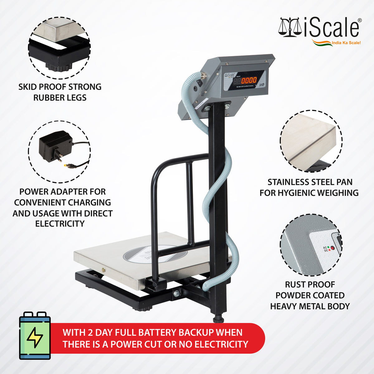 iScale i-11-RS232, 50kg x 5g platform scale, 350x350mm SS Pan, Front & Back Red Display,With RS232 Serial Port, Chargeable
