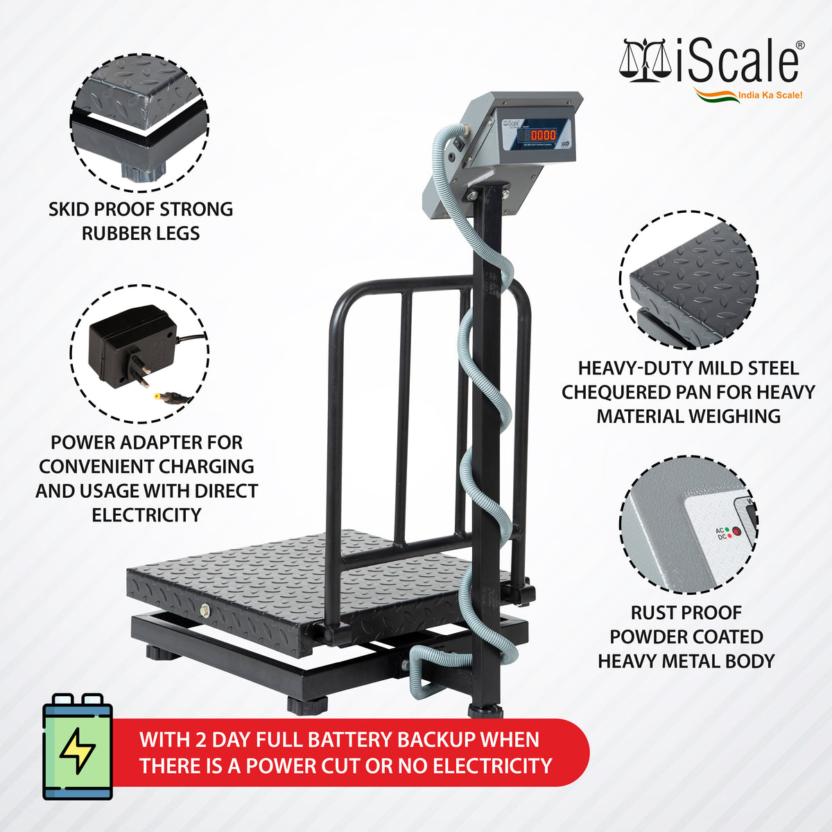 iScale i-19-RS232, 500kg x 50g platform scale, 600x600mm MS Pan, Front & Back Red Display With RS232 Serial Port, Chargeable