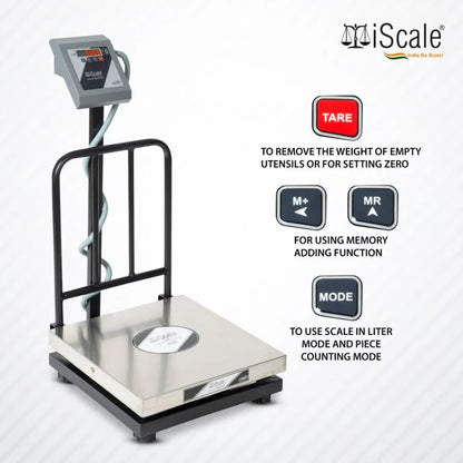 iScale i-18 Bluetooth Platform Scale | 300kg× 50g | SS Pan size 600x600mm | Front & Back Red Display | Free Android/Pc App Billing | For Commercial & Industrial Use