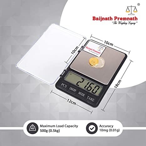 Baijnath Premnath Diary 500g (0.5kg) x 0.01g (10mg) Digital Jewellery Weighing Scale, Gold & Silver ornaments Weight Measuring machine Portable Weighting Scale for homes and professionals(Not A Legal Scale for Commercial use)