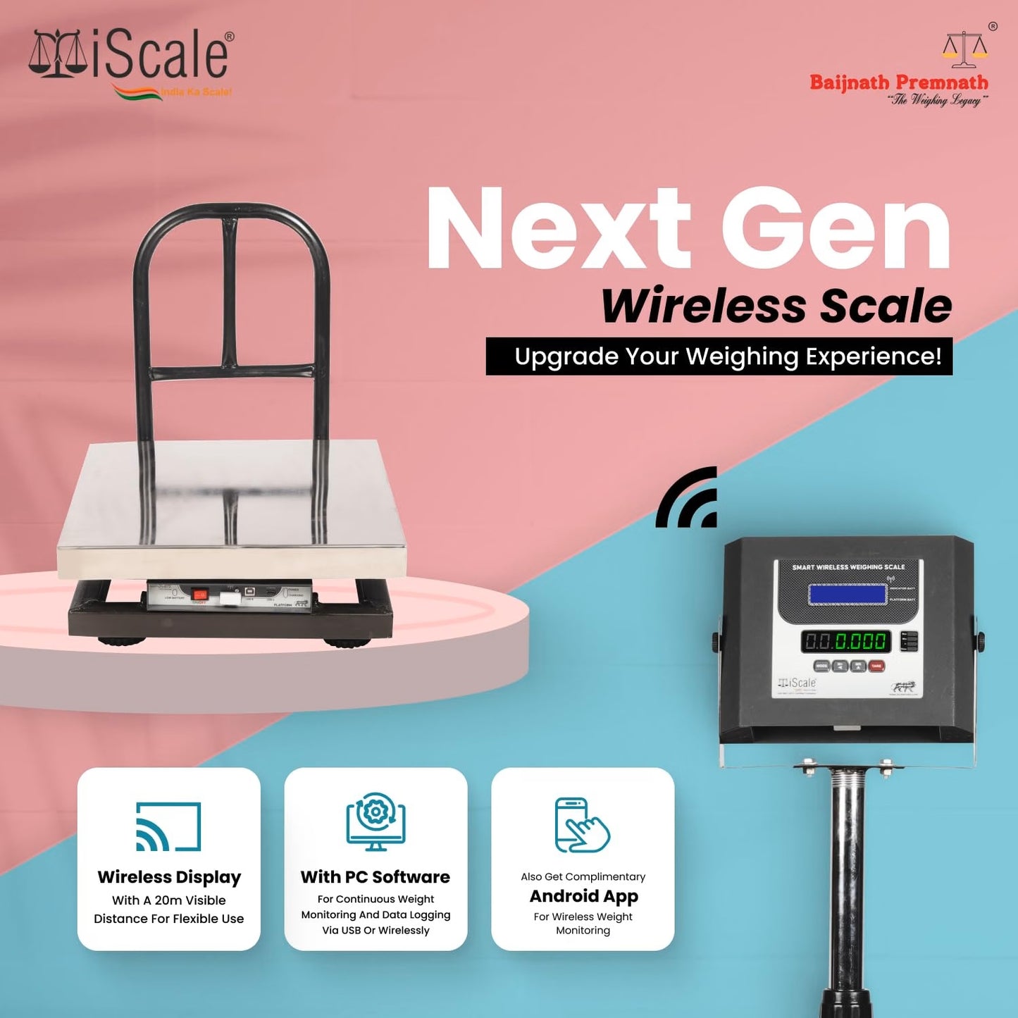 iScale W-150s Wireless Weighing Scale 150kg, 20g Accuracy | 450x450mm SS Platform | PC & Android App | OIML & ISO Certified | Maintenance-Free Weight Machine for Shop, Industrial & Commercial Use