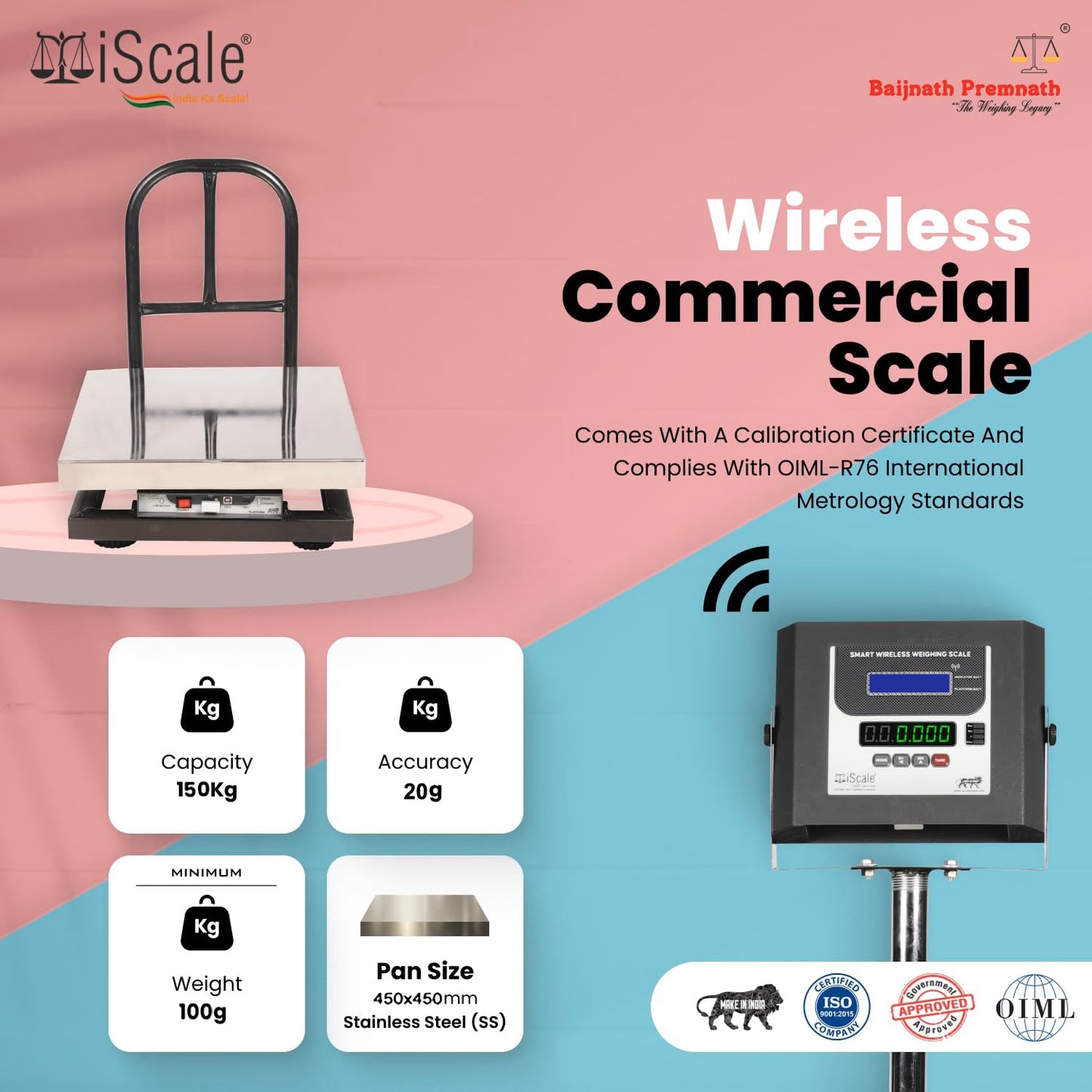 iScale W-150s Wireless Weighing Scale 150kg, 20g Accuracy | 450x450mm SS Platform | PC & Android App | OIML & ISO Certified | Maintenance-Free Weight Machine for Shop, Industrial & Commercial Use