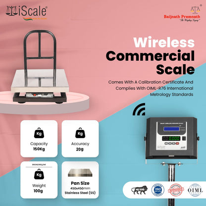 iScale W-150s Wireless Weighing Scale 150kg, 20g Accuracy | 450x450mm SS Platform | PC & Android App | OIML & ISO Certified | Maintenance-Free Weight Machine for Shop, Industrial & Commercial Use