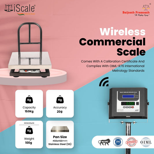 iScale W-150s Wireless Weighing Scale 150kg, 20g Accuracy | 450x450mm SS Platform | PC & Android App | OIML & ISO Certified | Maintenance-Free Weight Machine for Shop, Industrial & Commercial Use
