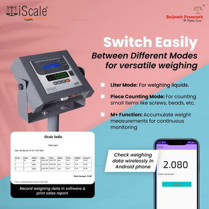 iScale W-150s Wireless Weighing Scale 150kg, 20g Accuracy | 450x450mm SS Platform | PC & Android App | OIML & ISO Certified | Maintenance-Free Weight Machine for Shop, Industrial & Commercial Use