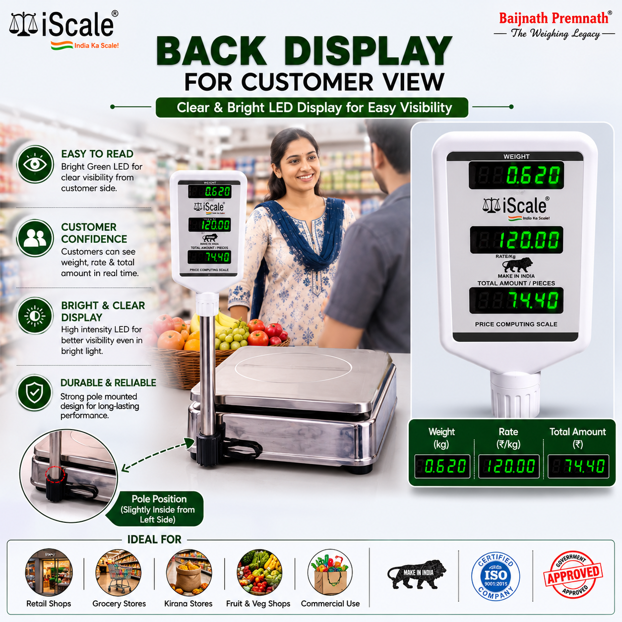 iScale i-08P: 30kg x 1g Price Computing & Piece Counting scale with stamp & certificate, SS Body, Front & Pole Green Display, Rechargeable