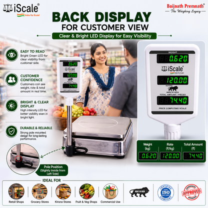 iScale i-08P: 30kg x 1g Price Computing & Piece Counting scale with stamp & certificate, SS Body, Front & Pole Green Display, Rechargeable