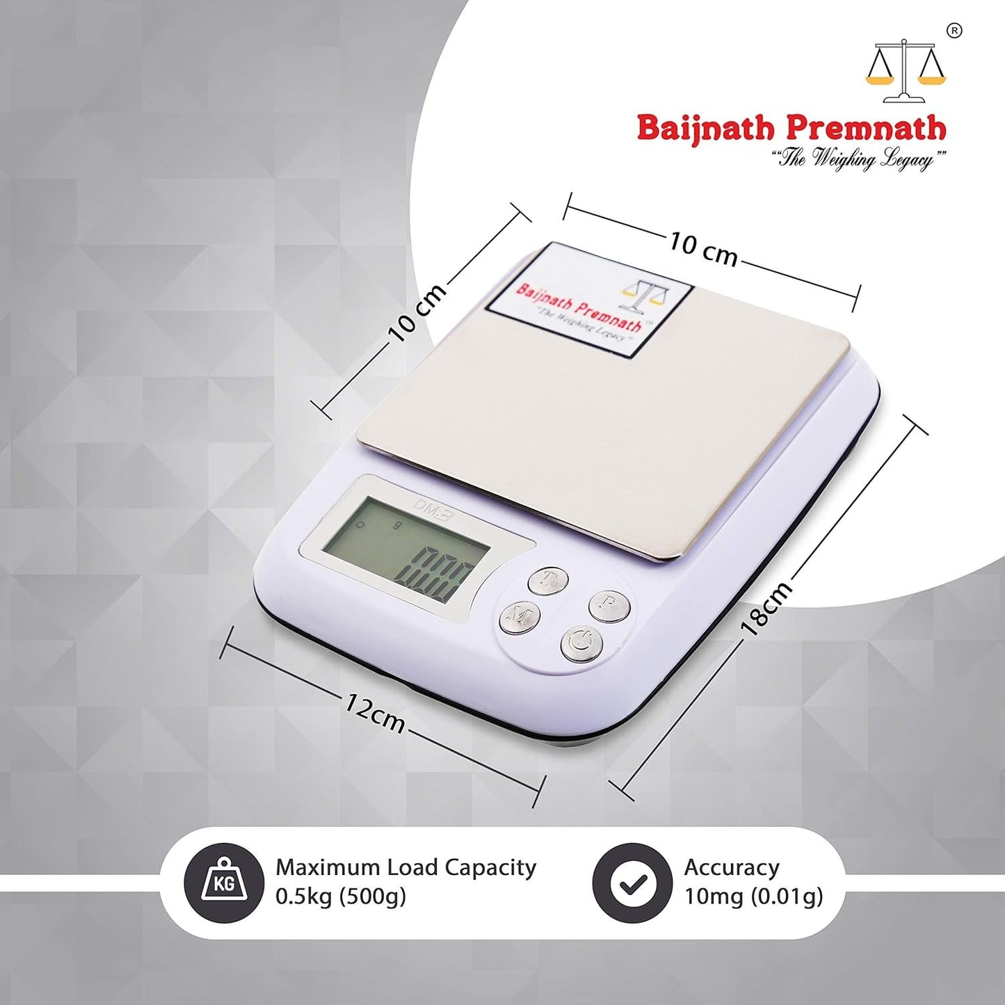 Baijnath Premnath DM-3 500g x 0.01g (10mg) Digital Jewellery Weighing Scale, Gold & Silver Ornaments and Laboratories Weight Measuring Machine Weighing Scale {for Domestic & Research Purpose}(Not A Legal Scale for Commercial use)