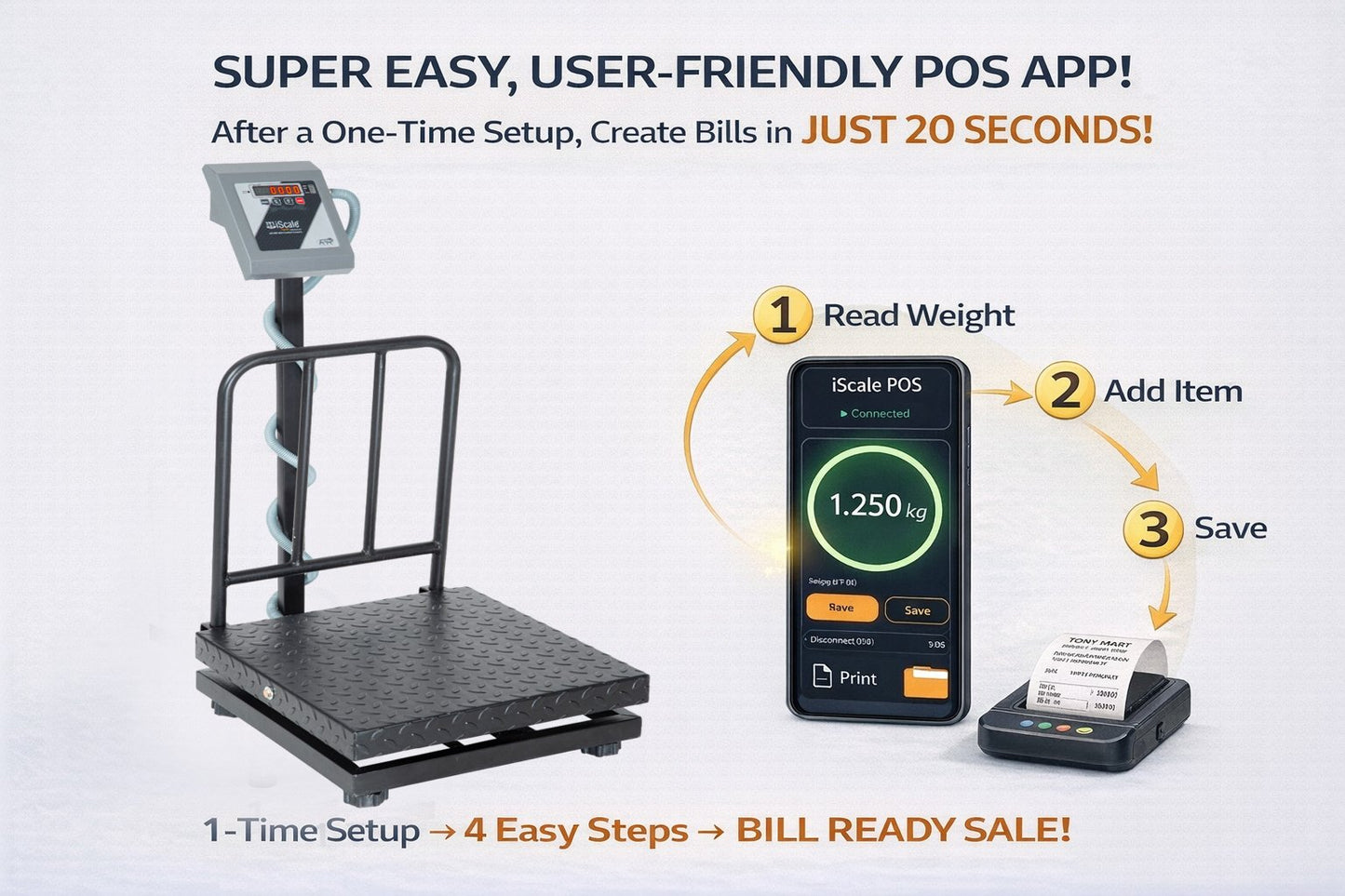 iScale i-19 Bluetooth Platform Scale | 500kg× 50g | MS Pan size 600x600mm | Front & Back Red Display | Free Android/Pc App Billing | For Commercial & Industrial Use