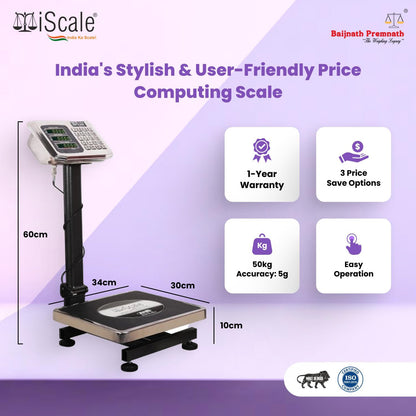iScale i-10: 50kg x 5g Commercial Price Computing scale with stamp & certificate 20x30cm SS PanFront & Pole Red Display, Rechargeable