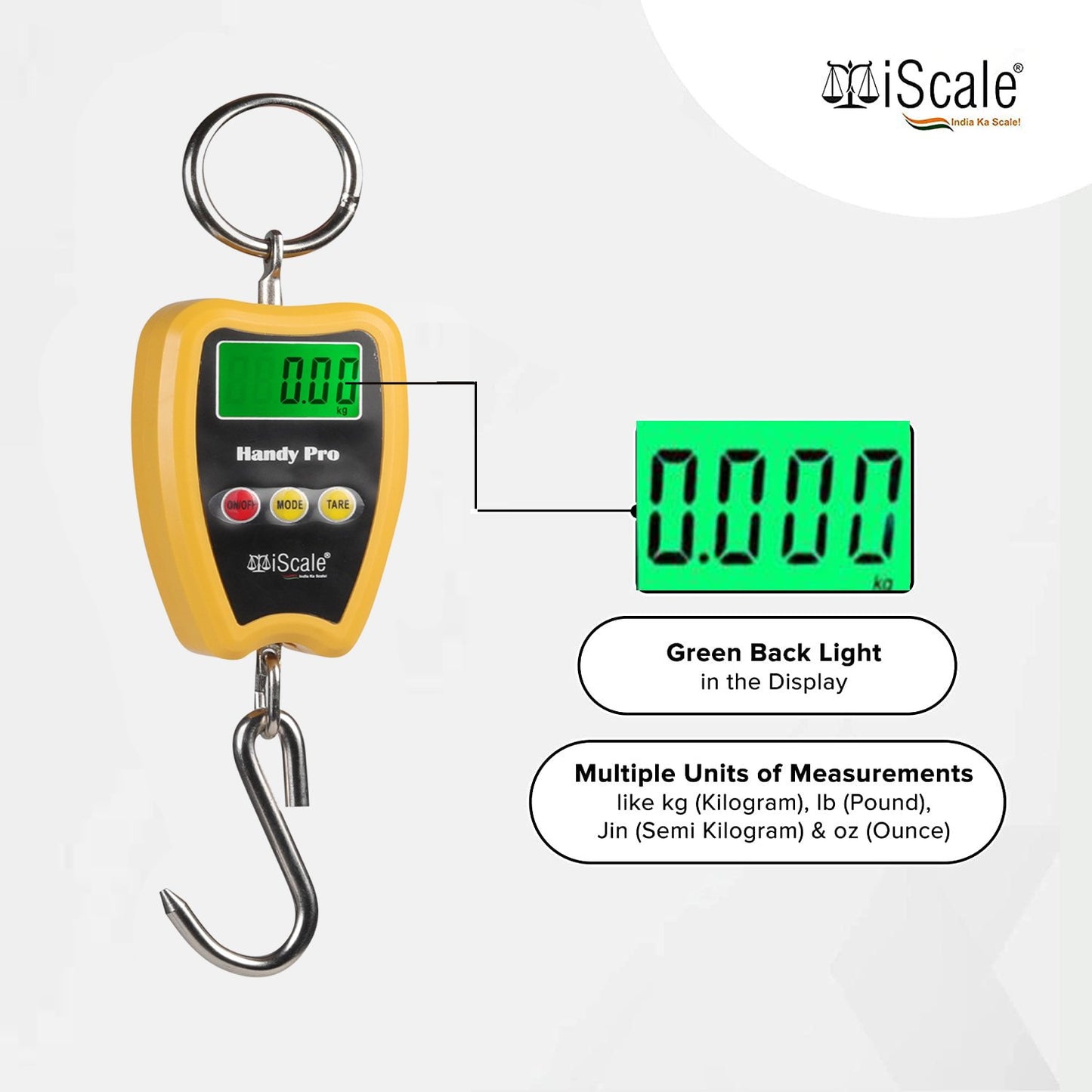 iScale Handy Pro 200kg x 50g Digital Portable Hanging Weighing Scale with Stainless Steel Hook for Industries, Cylinder, Fishing and Multipurpose Domestic Weighing Use(Not A Legal Scale for Commercial use)