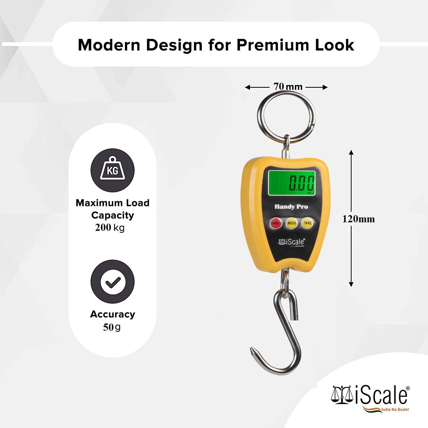 iScale Handy Pro 200kg x 50g Digital Portable Hanging Weighing Scale with Stainless Steel Hook for Industries, Cylinder, Fishing and Multipurpose Domestic Weighing Use(Not A Legal Scale for Commercial use)