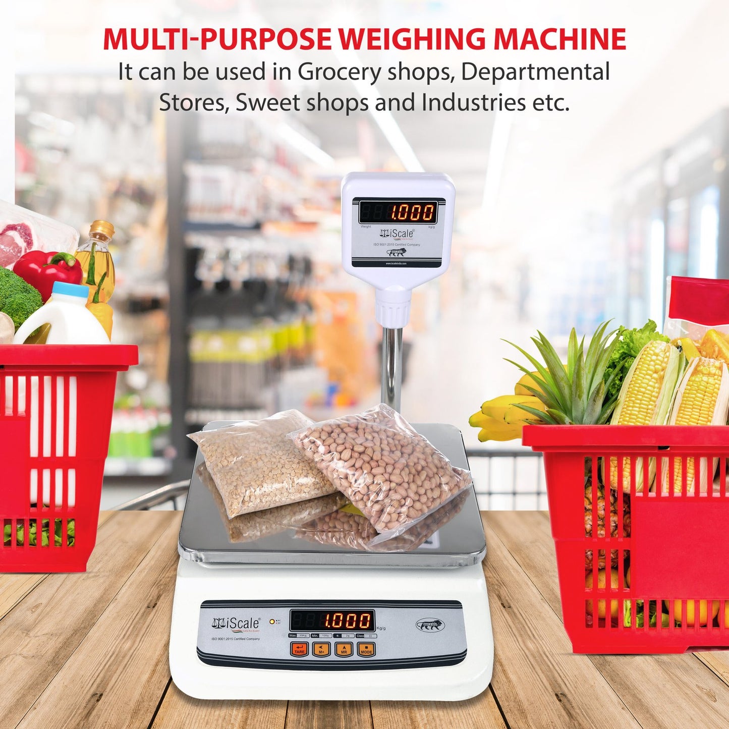 iScale i-01, 30kg x 1g commercial scale with stamp & certificate, 250x300mm SS Pan, Front & pole red Display, Chargeable
