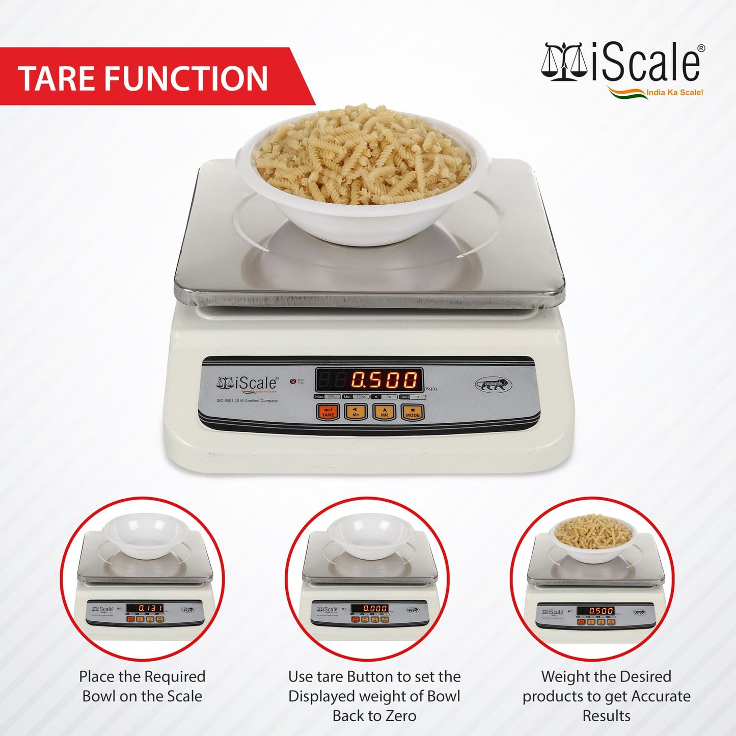 iScale i-02, 30kg x 1g commercial scale with stamp & certificate, 250x300mm SS Pan, Front & Back Red Display, Rechargeable
