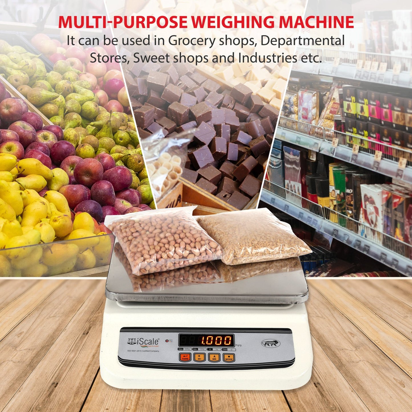 iScale i-02, 30kg x 1g commercial scale with stamp & certificate, 250x300mm SS Pan, Front & Back Red Display, Rechargeable