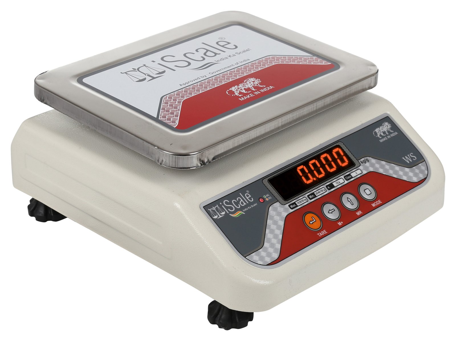 iScale i-03, 10kg x 1g commercial scale with stamp & certificate, 175x225mm SS Pan, Front & Back Red Display, Rechargeable