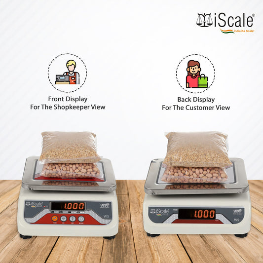 iScale i-03, 10kg x 1g commercial scale with stamp & certificate, 175x225mm SS Pan, Front & Back Red Display, Rechargeable