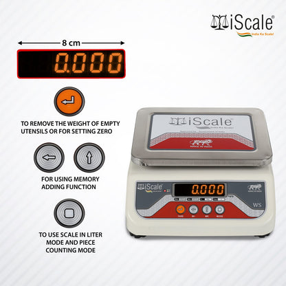 iScale i-03, 10kg x 1g commercial scale with stamp & certificate, 175x225mm SS Pan, Front & Back Red Display, Rechargeable