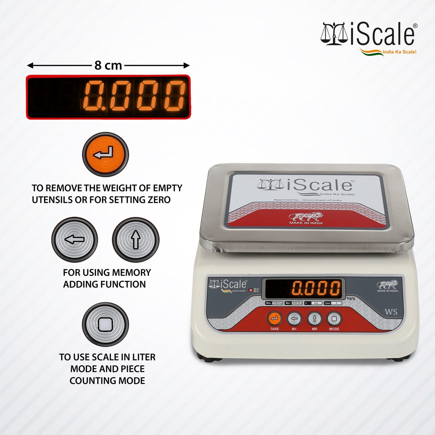 iScale i-03 Bluetooth Platform Scale | 10kg× 1g | SS Pan size 175x225mm | Front & Back Red Display | Free Android/Pc App Billing | For Commercial & Industrial Use