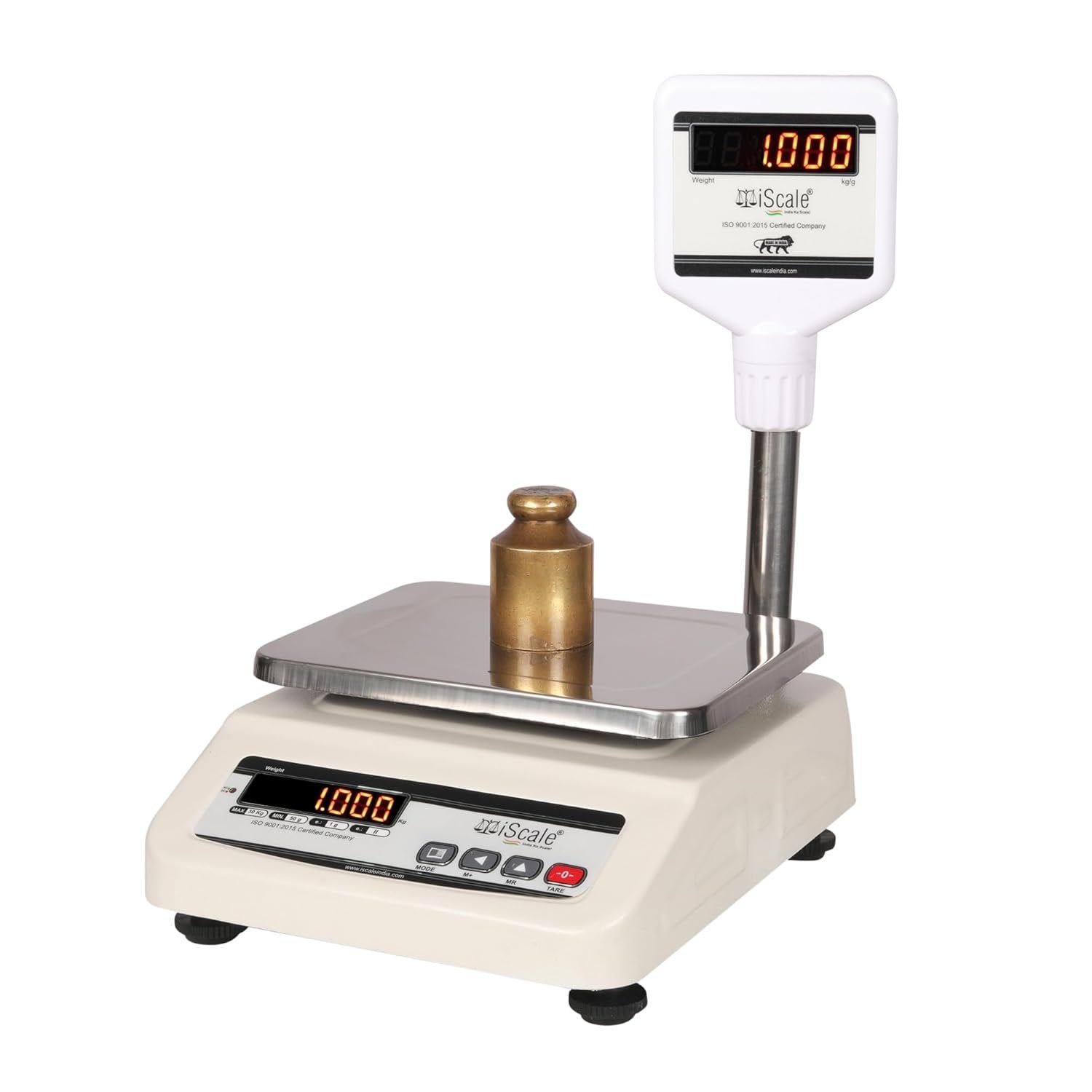 iScale i-03P, 30kg x 1g commercial scale with stamp & certificate, 175x225mm SS Pan, Front & Pole Green Display, Rechargeable