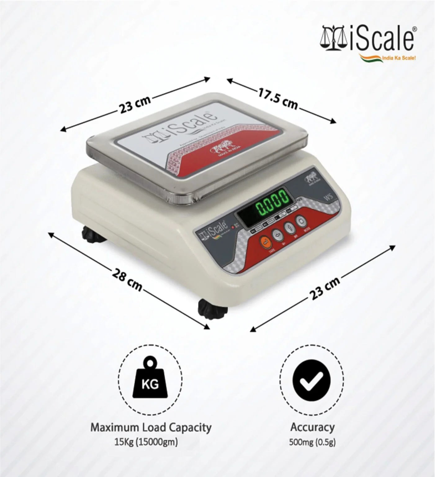 iScale i-04 Bluetooth Platform Scale | 15kg× 500mg | SS Pan size 175x225mm | Front & Back Green Display | Free Android/Pc App Billing | For Commercial & Industrial Use