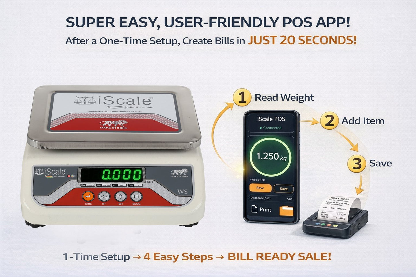 iScale i-03 Bluetooth Platform Scale | 10kg× 1g | SS Pan size 175x225mm | Front & Back Red Display | Free Android/Pc App Billing | For Commercial & Industrial Use