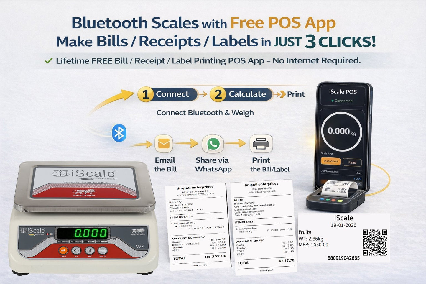 iScale i-03 Bluetooth Platform Scale | 10kg× 1g | SS Pan size 175x225mm | Front & Back Red Display | Free Android/Pc App Billing | For Commercial & Industrial Use