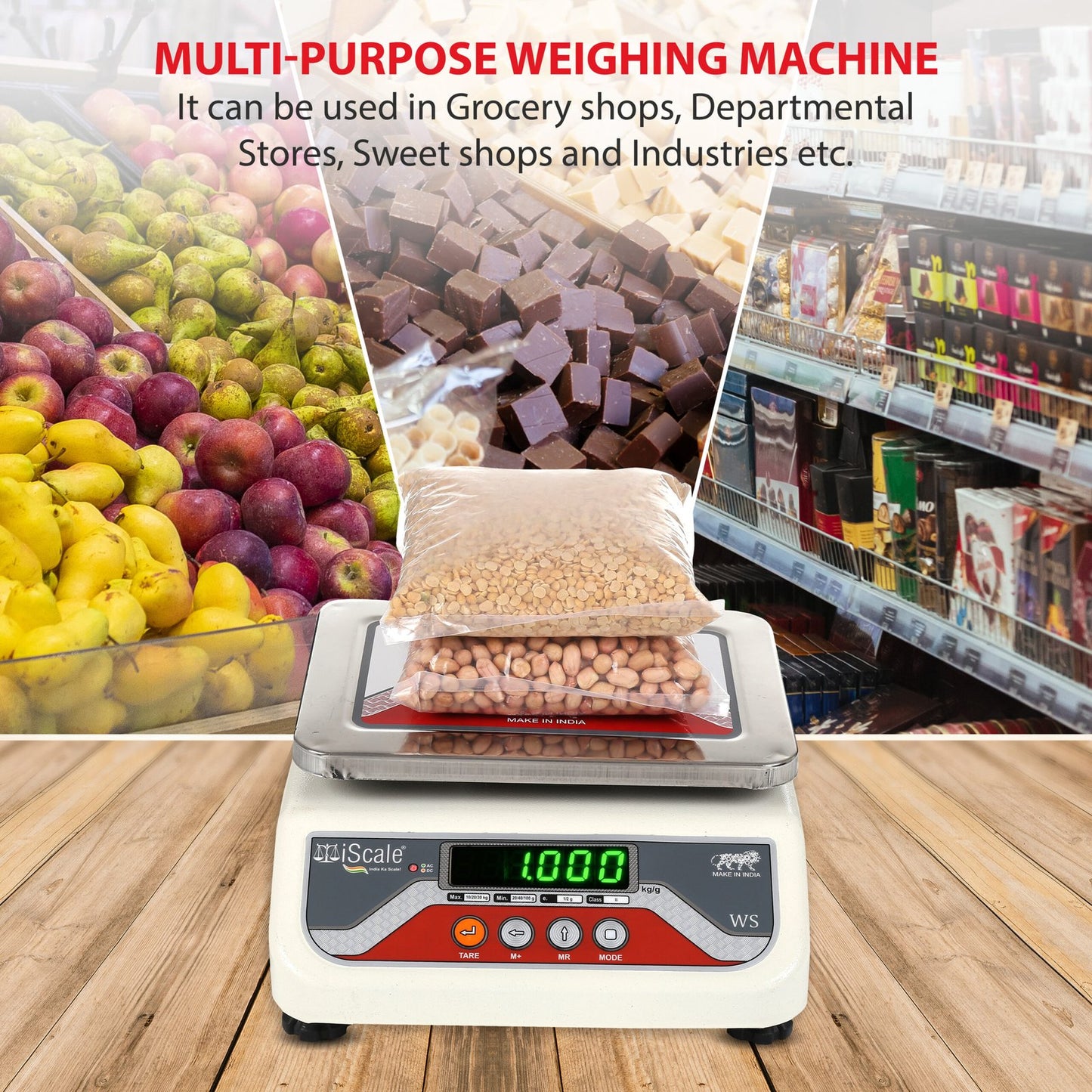 iScale i-04 Bluetooth Platform Scale | 20kg× 1g | MS Pan size 175x225mm | Front & Back Green Display | Free Android/Pc App Billing | For Commercial & Industrial Use