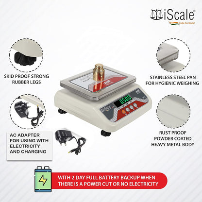 iScale i-04, 30kg x 1g commercial scale with stamp & certificate, 175x225mm SS Pan, Front & Back Green Display, Rechargeable
