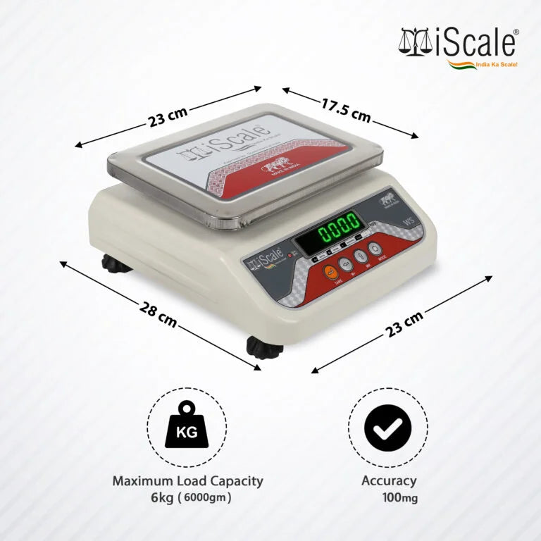iScale i-04 Bluetooth Platform Scale | 6kg× 100mg | SS Pan size 175x225mm | Front & Back Green Display | Free Android/Pc App Billing | For Commercial & Industrial Use