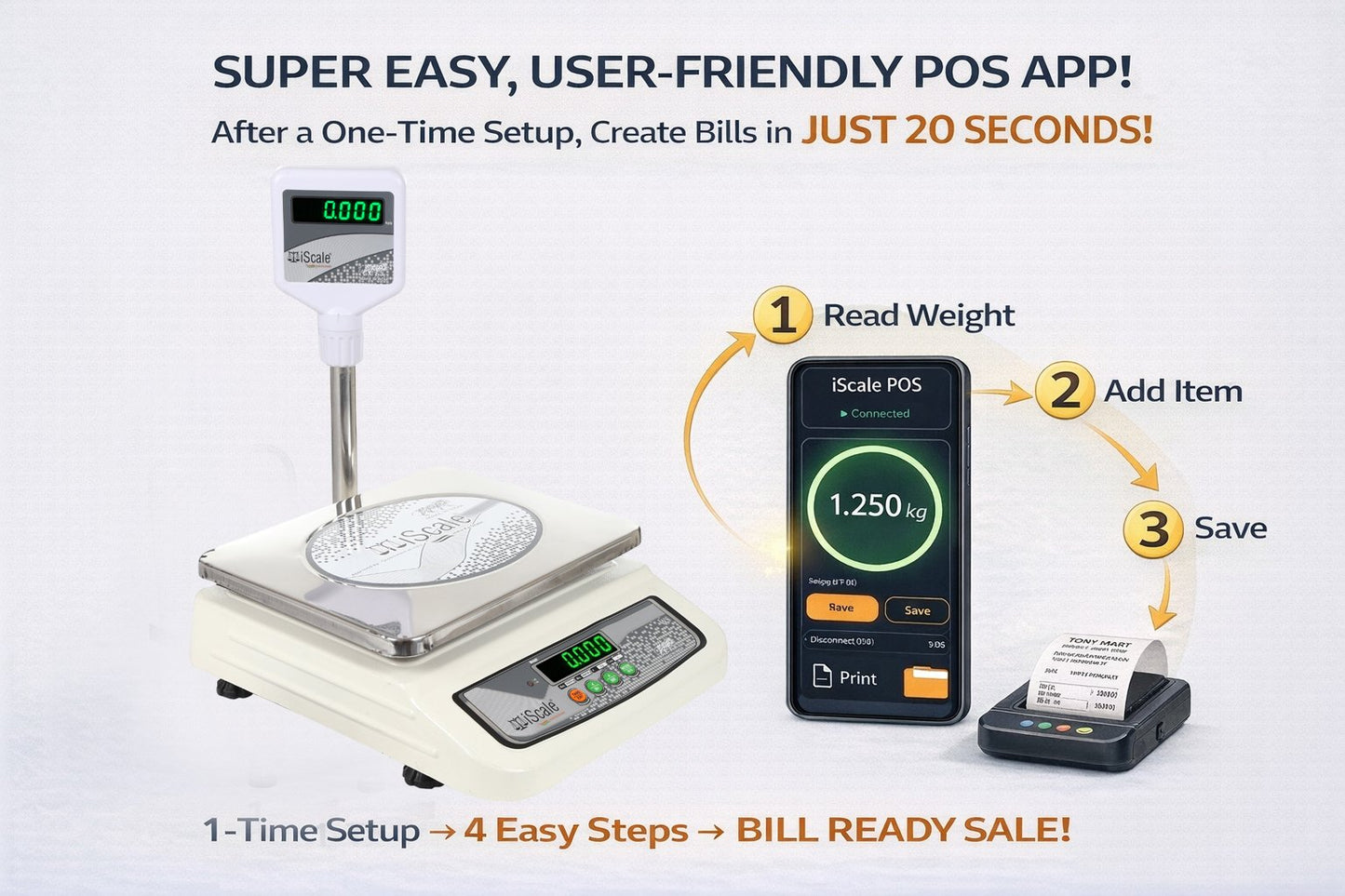 iScale i-05 Bluetooth Platform Scale | 30kg× 1g | MS Pan size 250x300mm | Front & Pole Green Display | Free Android/Pc App Billing | For Commercial & Industrial Use