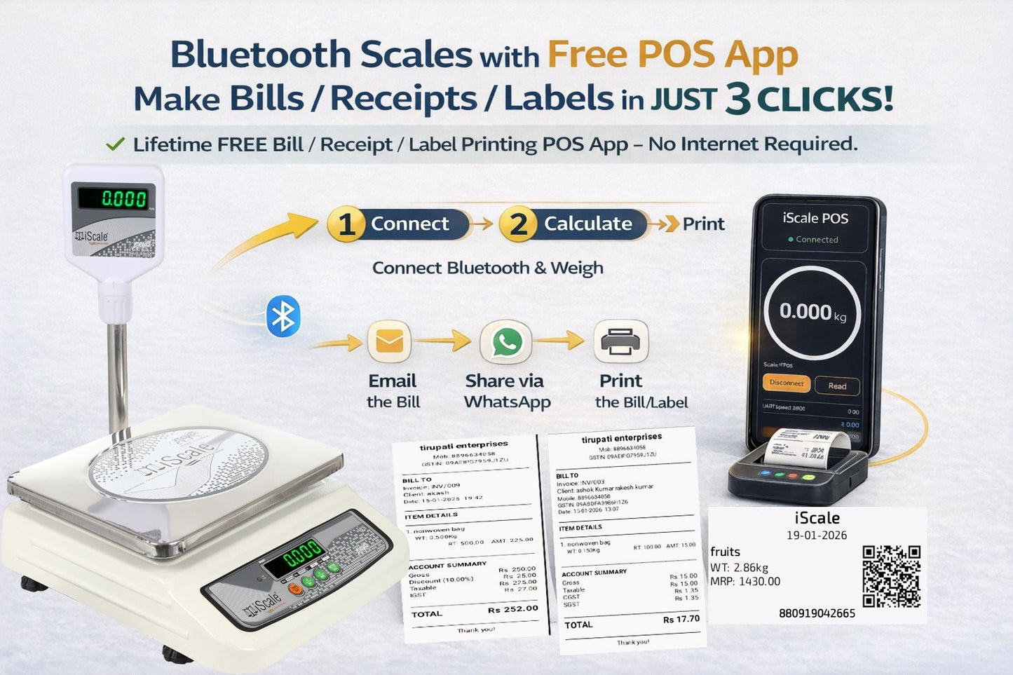 iScale i-05 Bluetooth Platform Scale | 30kg× 1g | MS Pan size 250x300mm | Front & Pole Green Display | Free Android/Pc App Billing | For Commercial & Industrial Use