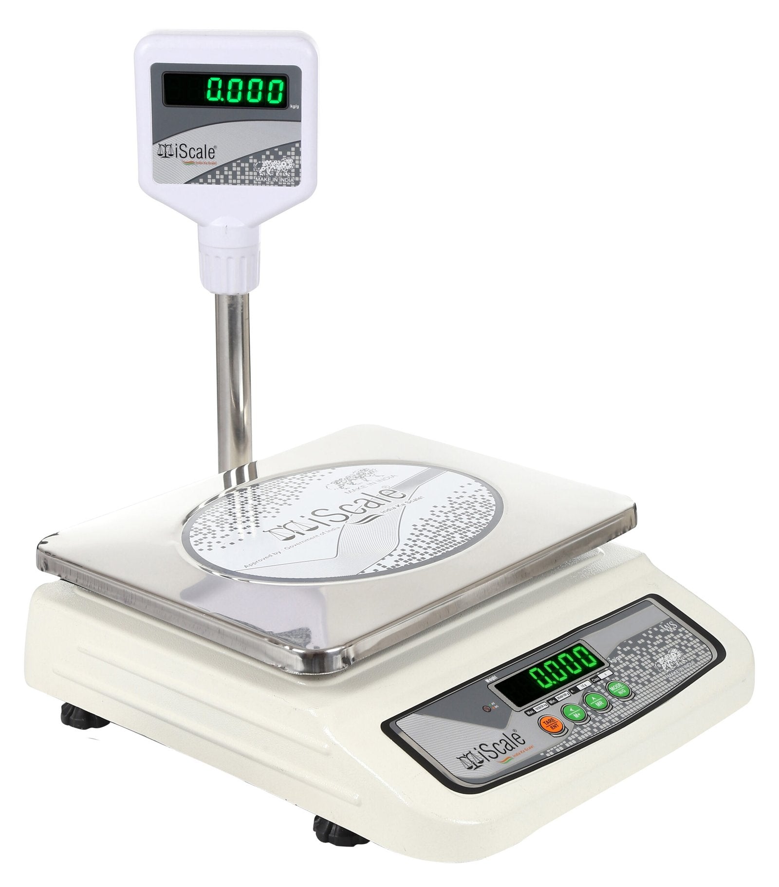 iScale i-05, 30kg x 1g commercial scale with stamp & certificate, 250x300mm SS Pan,Pole Green Display, Chargeable