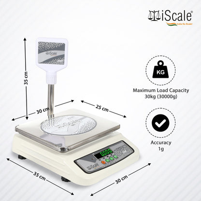 iScale i-05 Bluetooth Platform Scale | 30kg× 1g | MS Pan size 250x300mm | Front & Pole Green Display | Free Android/Pc App Billing | For Commercial & Industrial Use