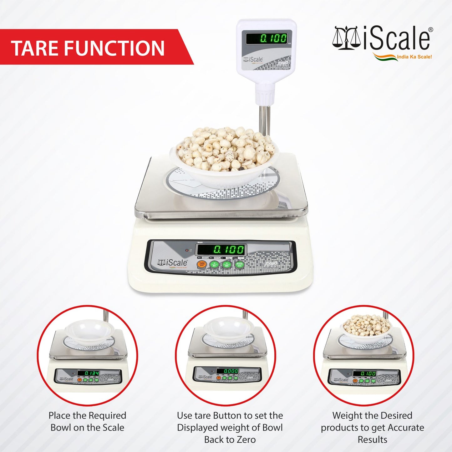 iScale i-05, 30kg x 1g commercial scale with stamp & certificate, 250x300mm SS Pan,Pole Green Display, Chargeable